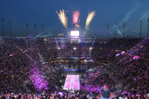 Fireworks go off during the Opening Night ceremonies of the 2014 US Open.
