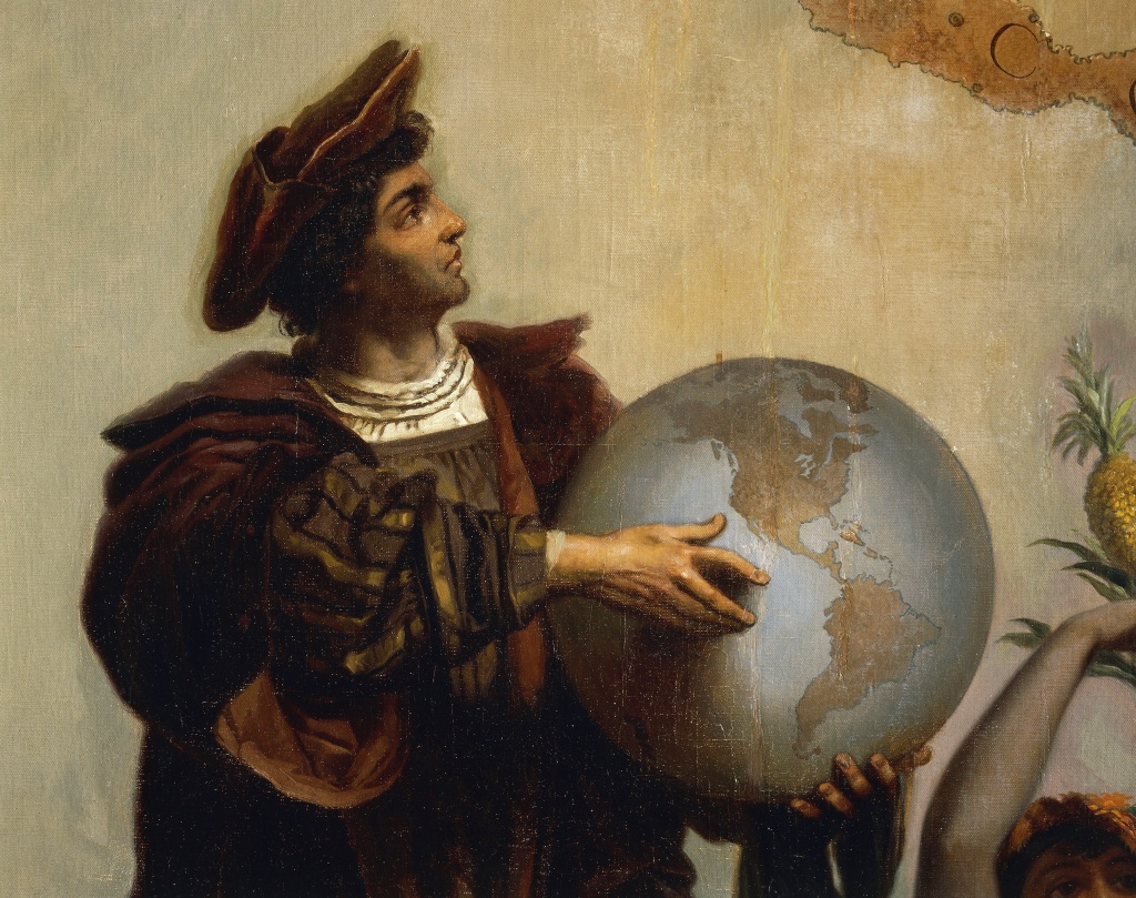 ITALY - JULY 18: Christopher Columbus (1451-1506), detail from Allegory on Charles V of Habsburg (1500-1558) as Ruler of the world, painting by Peter Johann Nepomuk Geiger (1805-1880), Throne Room, Miramare castle, Trieste, Friuli-Venezia Giulia, Italy. (Photo by DeAgostini/Getty Images)